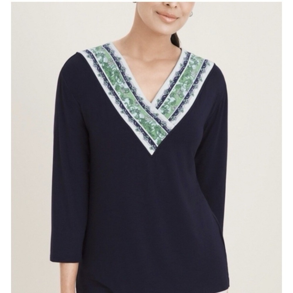 Chicos Knit Shirt Womens Size 2(Lg) Blue Green Floral V‎ Neck  3/4 Sleeve